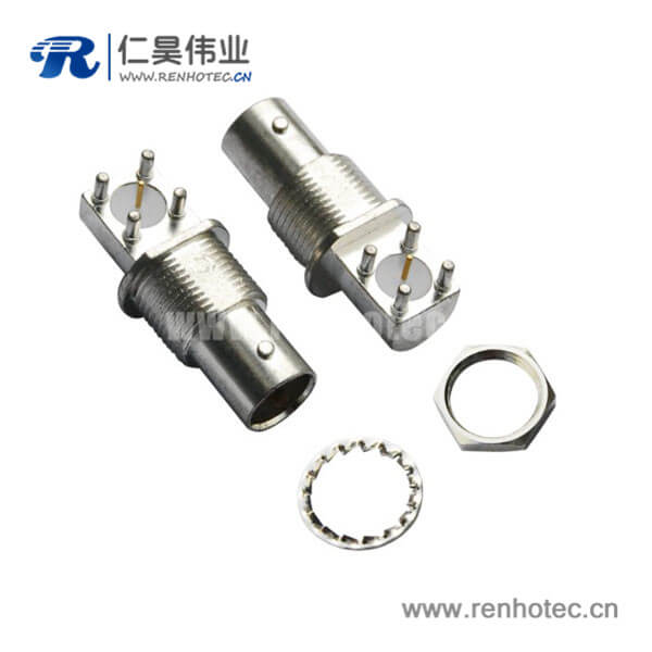 EB-001-0033 bnc接插件方頭5引腳彎式射頻同軸母頭穿墻接PCB板端