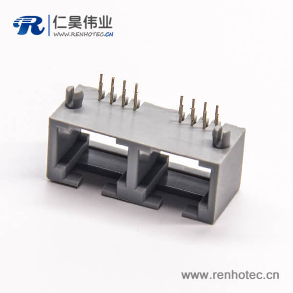 雙口rj45插座灰色全塑8p8c彎式插座dip接PCB板不帶屏蔽 雙口rj45插座灰色全塑8p8c彎式插座dip接PCB板不帶屏蔽