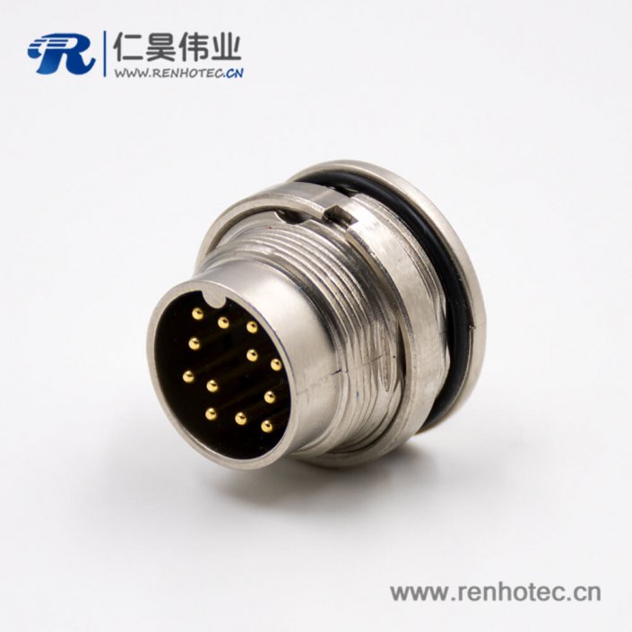 M16穿墻端插座前鎖板A扣12芯公頭直式接PCB板傳感器接插件 M16穿墻端插座前鎖板A扣12芯公頭直式接PCB板傳感器接插件