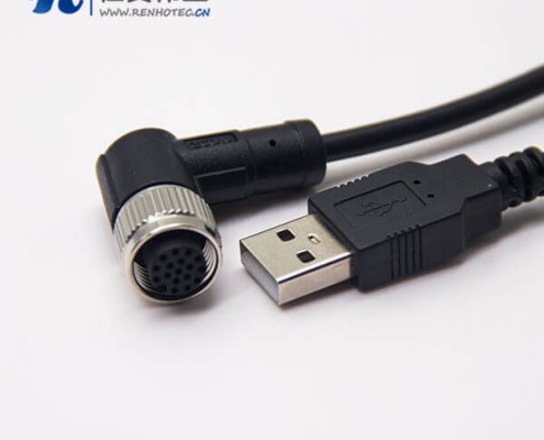m12母頭彎式17芯工業(yè)防水直式公頭不帶屏蔽A編碼插頭轉USB2.01M AWG26